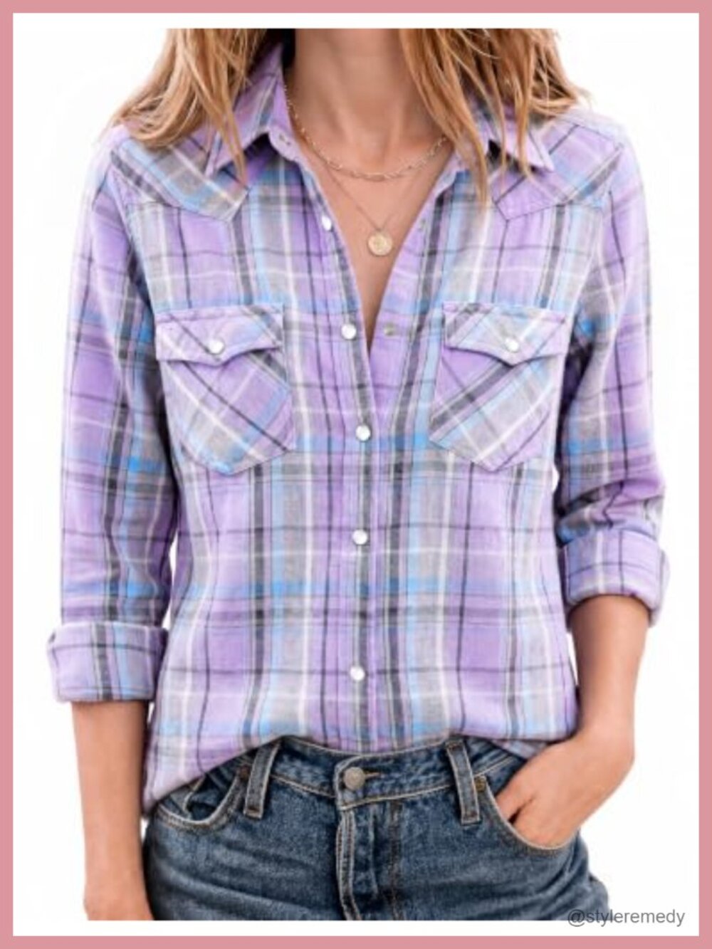 Flannel Plaid Snap Button Down Shirt Long Sleeve Western